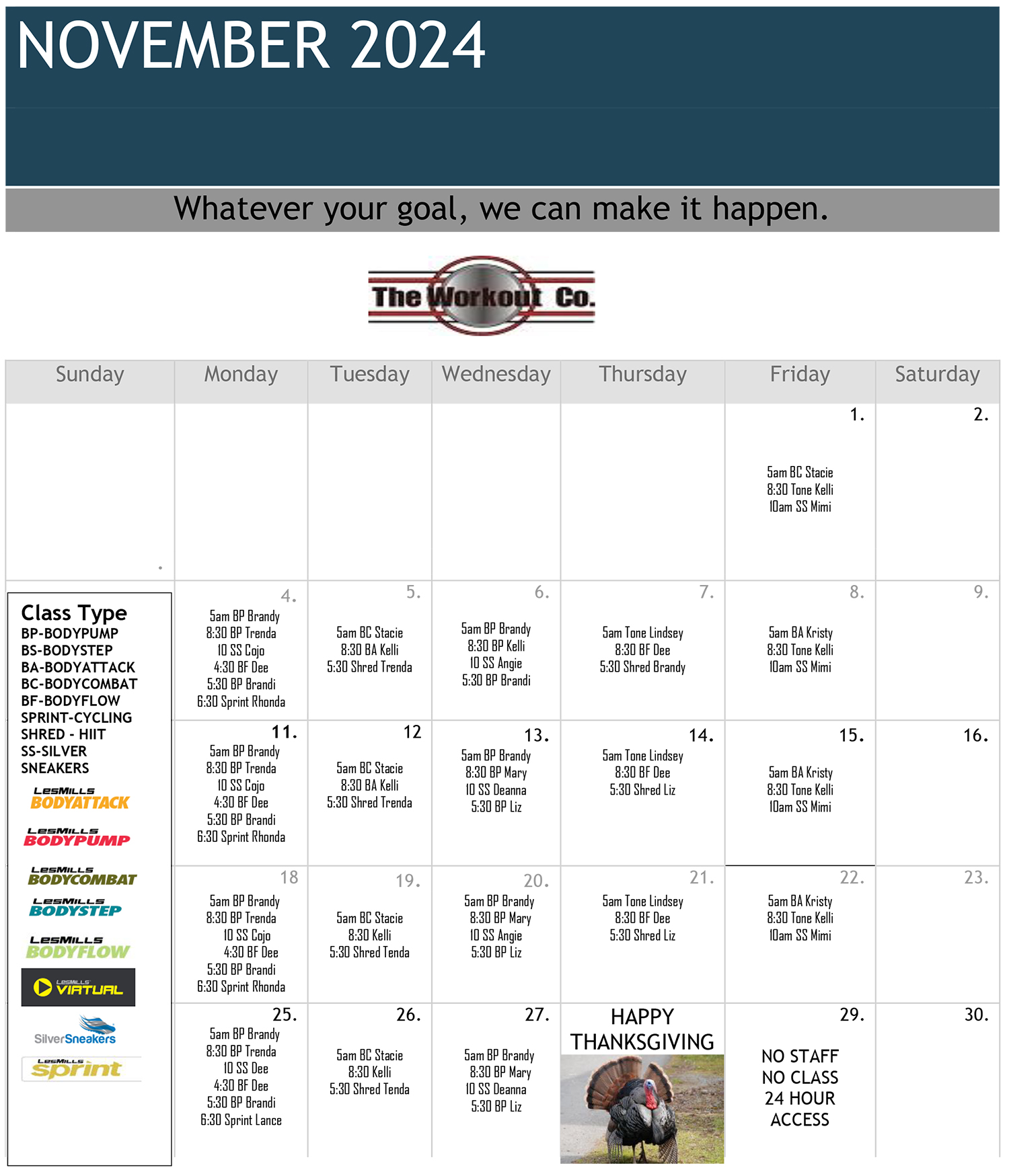 The Workout Co. Group Fitness Class Schedule November 2024
