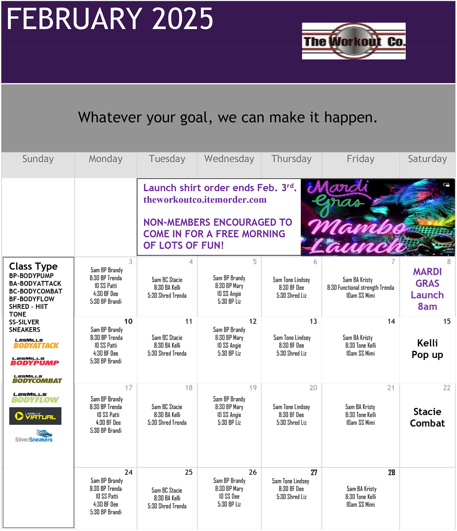 The Workout Co. Group Fitness Class Schedule for February 2025