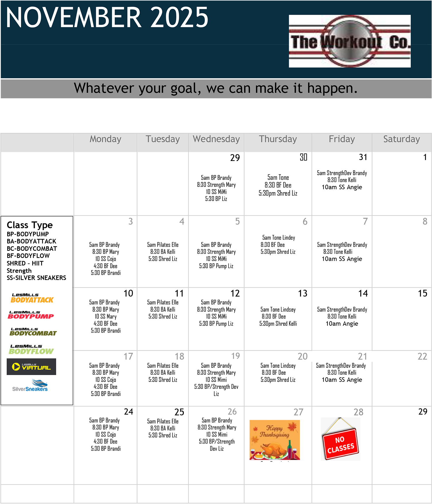 The Workout Co. Group Fitness Class Schedule - November 2025