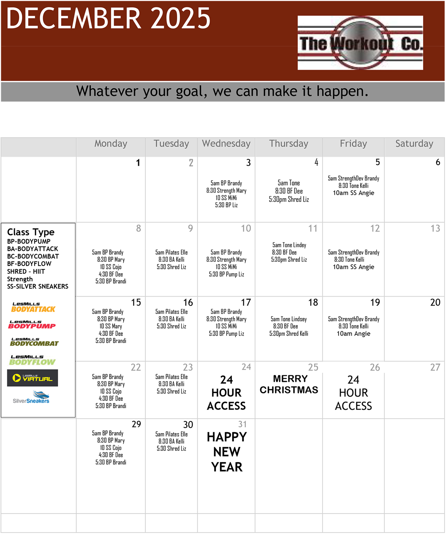 The Workout Co. in Raceland Group Class Schedule December 2025
