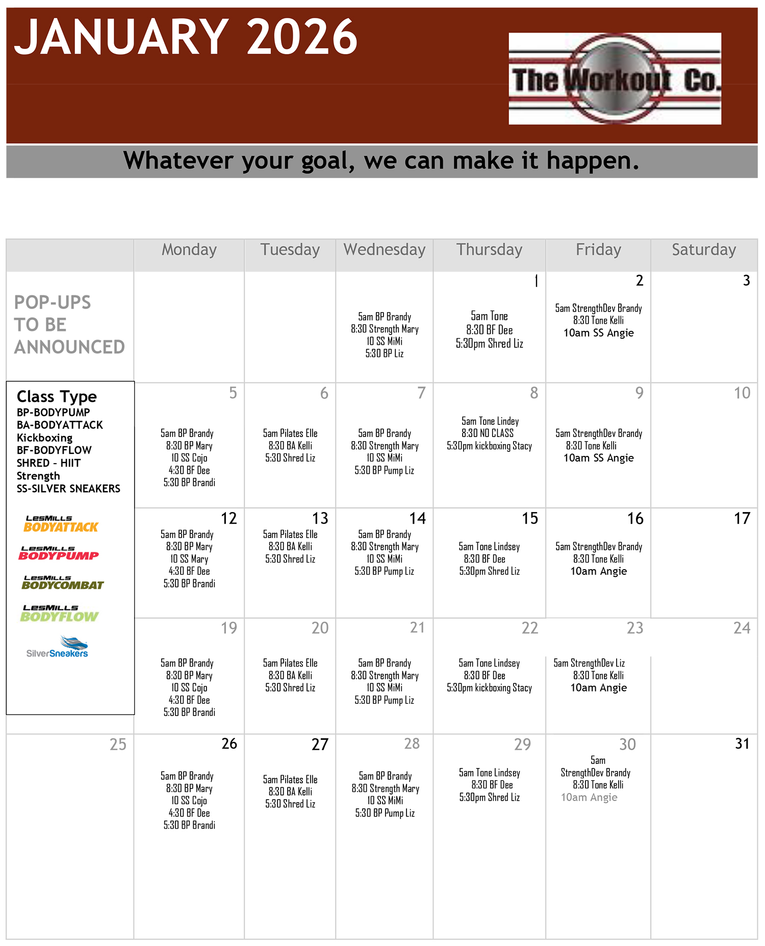 The Workout Co. in Raceland - Group Fitness Class Schedule for January 2026
