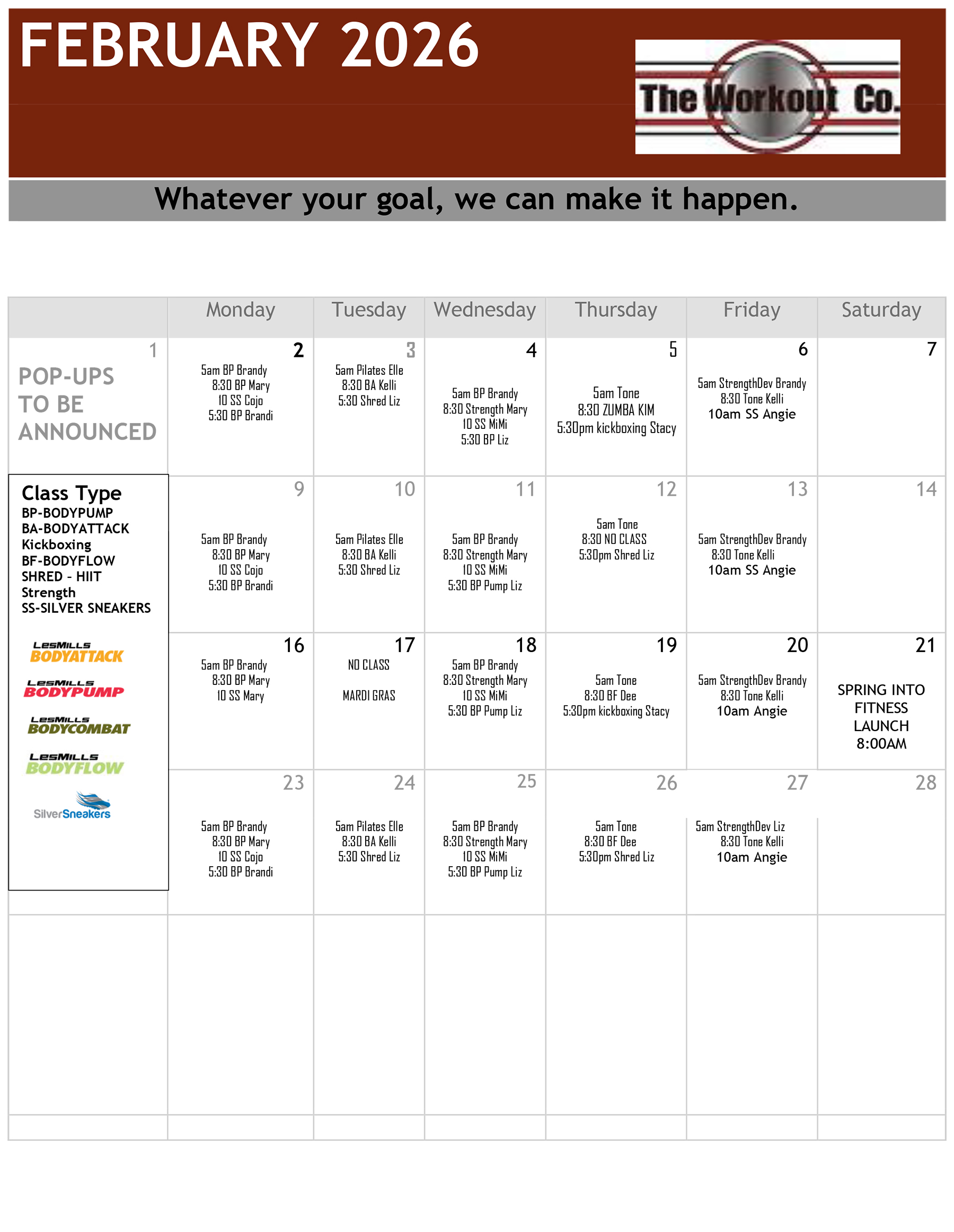 The Workout Co in Raceland - Group Fitness Class Schedule - February 2026