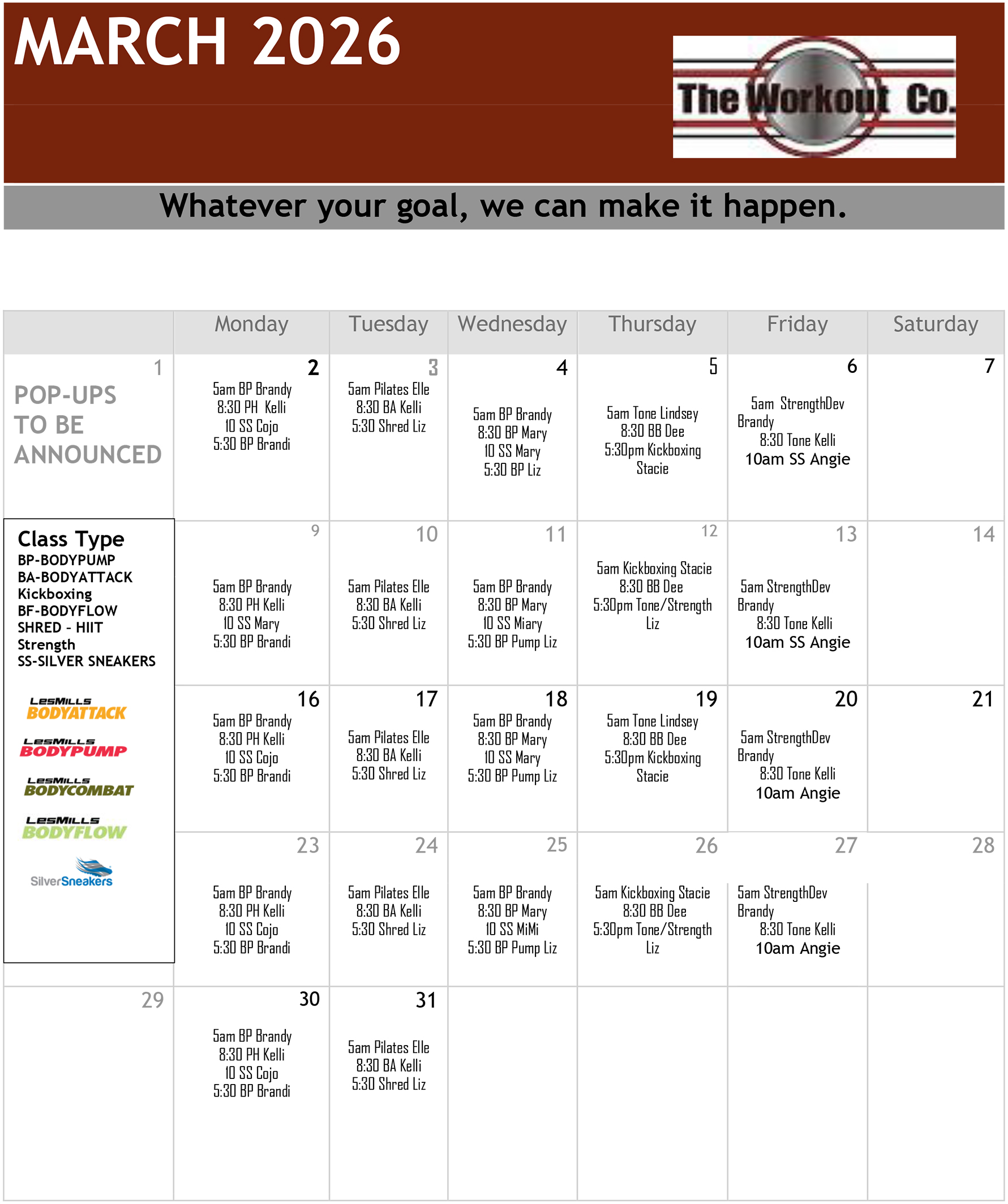 Group Fitness Class Schedule - March 2026