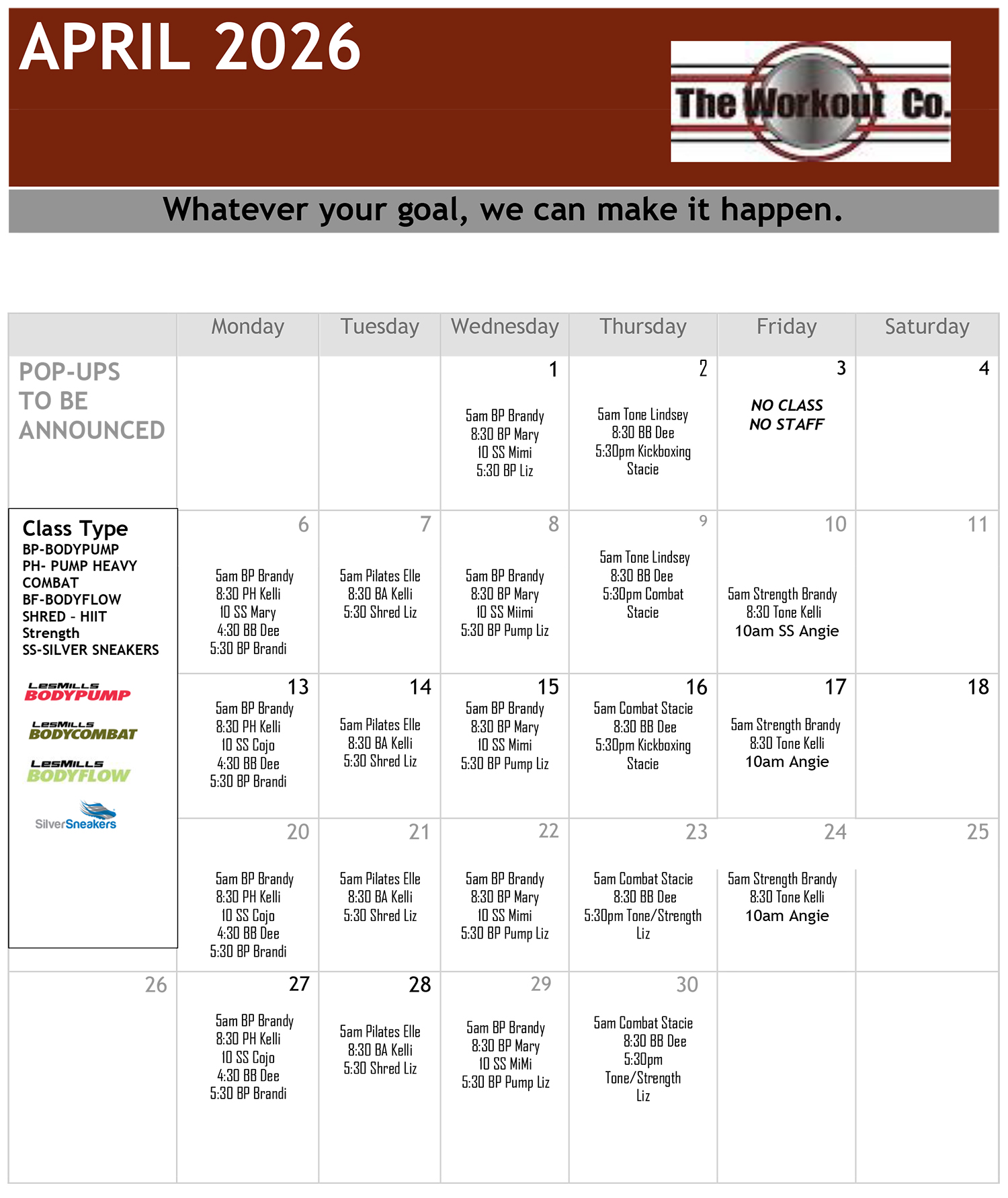 The Workout Co. Group Fitness Class Schedule - April 2026