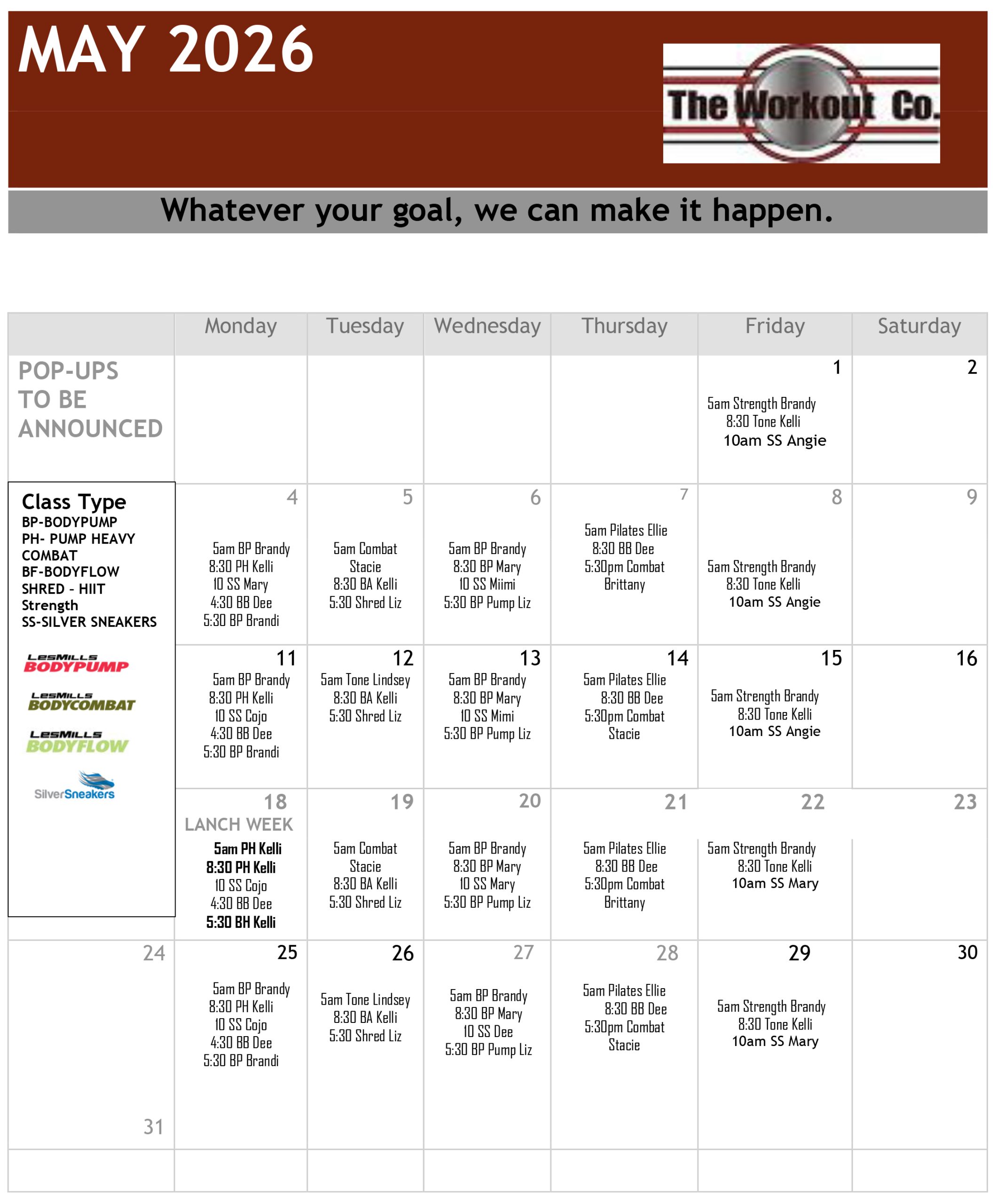 The Workout Co. Group Fitness Class Schedule for May 2026