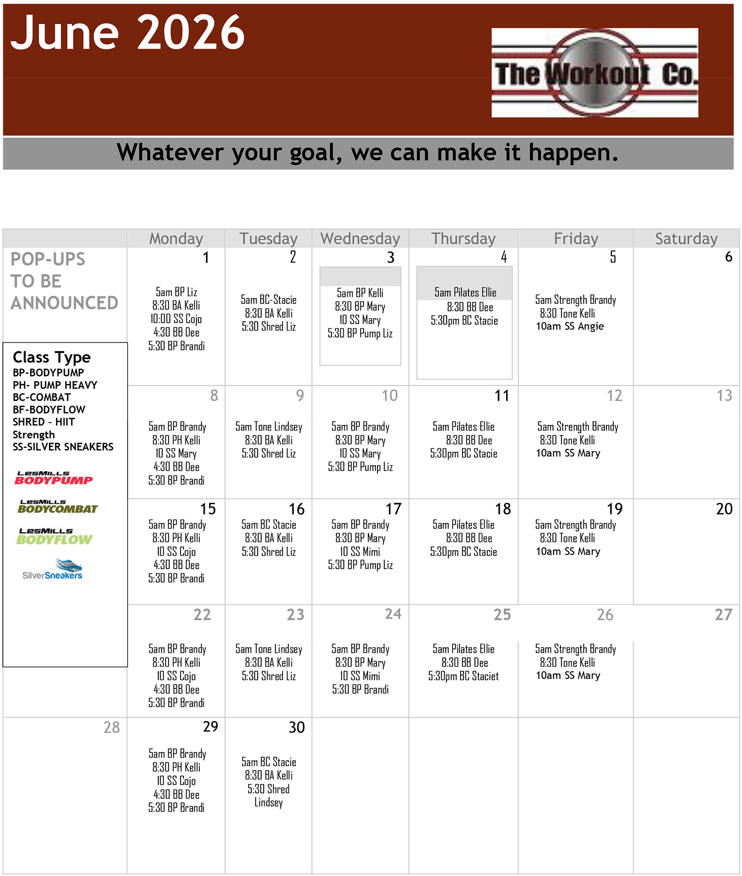 The Workout Co Group Fitness Class Schedule for June 2026