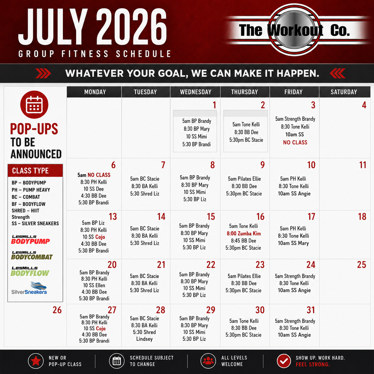 The Workout Co. Raceland Group Fitness Class Schedule - July 2026