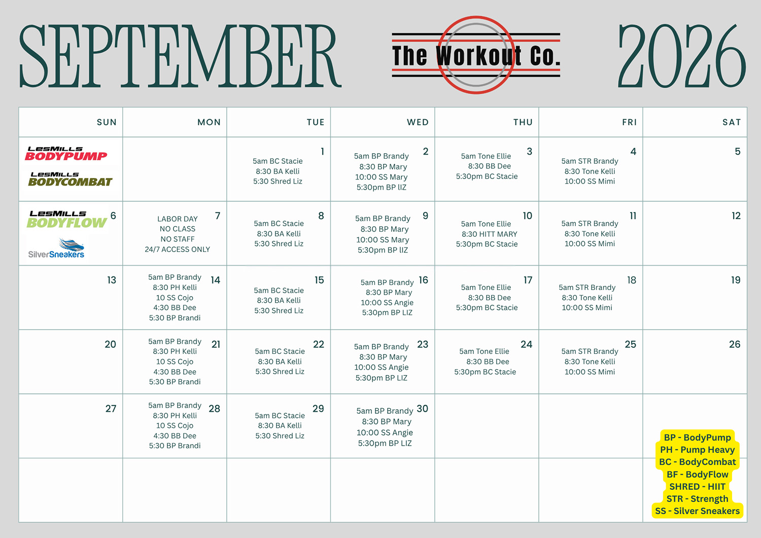 The Workout Co. Group Fitness Class Schedule for September 2026