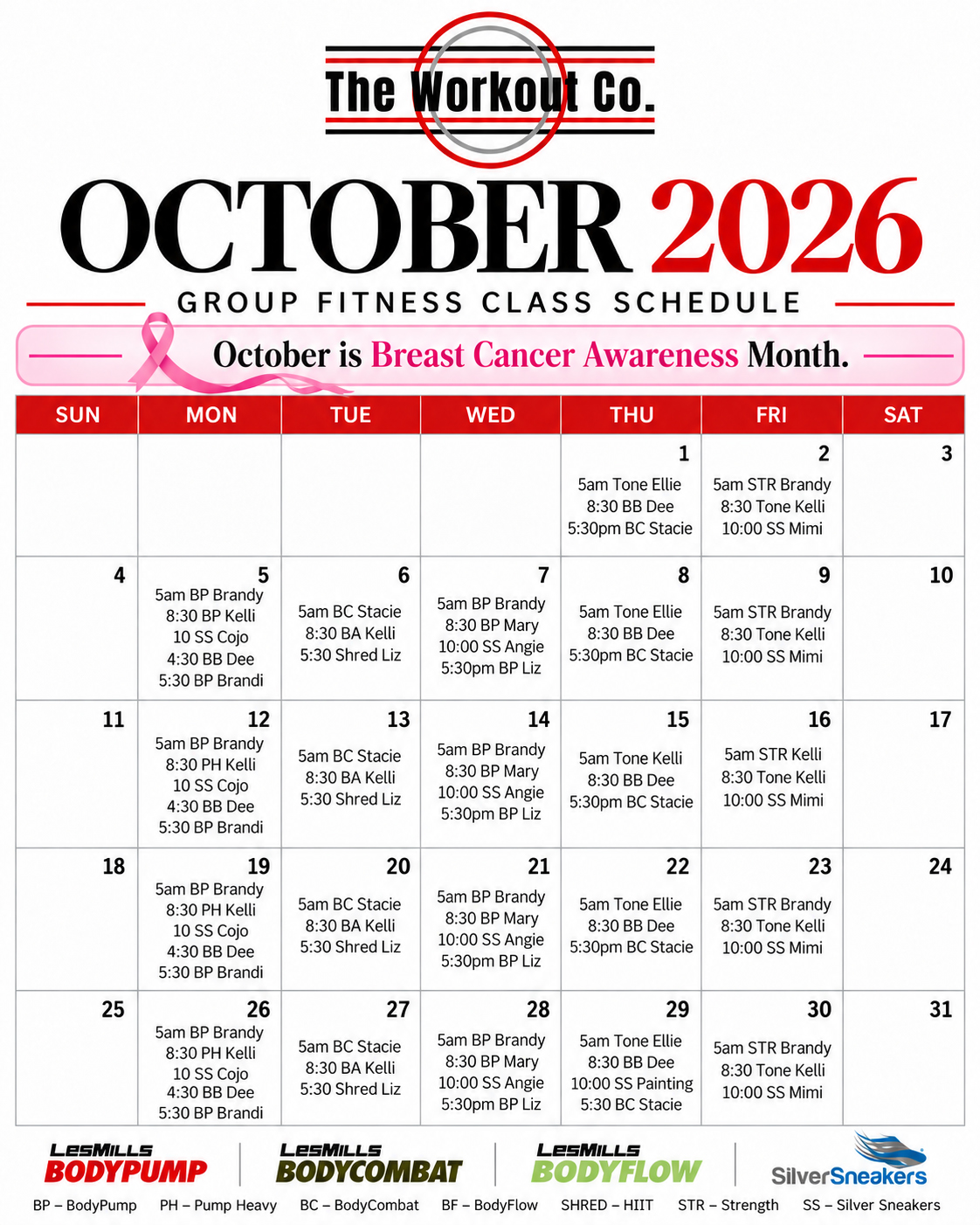 The Workout Co. Raceland - October 2026 Group Fitness Class Schedule